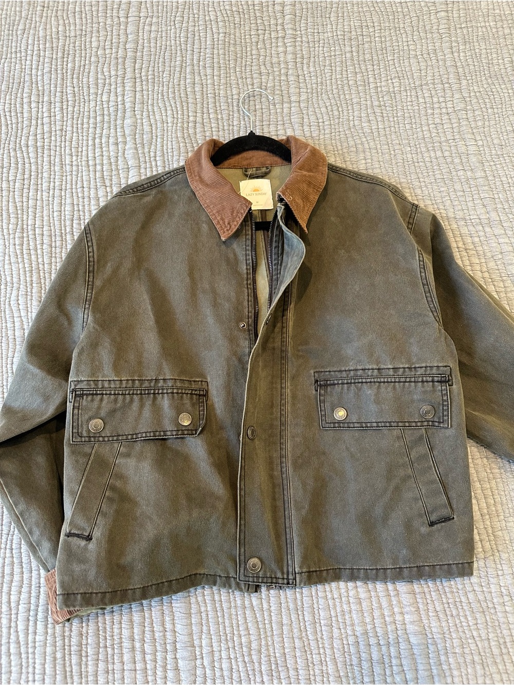 Waxed Cotton Jacket with Brown Corduroy Collar - Olive - Picture 8 of 9